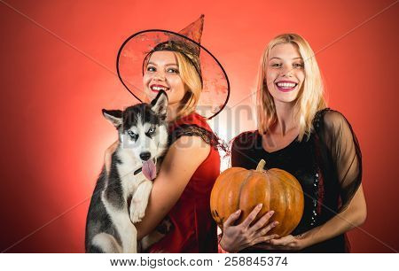 Frightened Friends With Dog At A Halloween Party. Happy People. Having Fun. Best Friends Girls Celeb