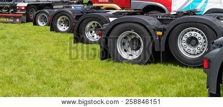 Geesteren, Netherlands - May 21, 2017: Wheels Of Trucks During A Truck Meeting In The Netherlands