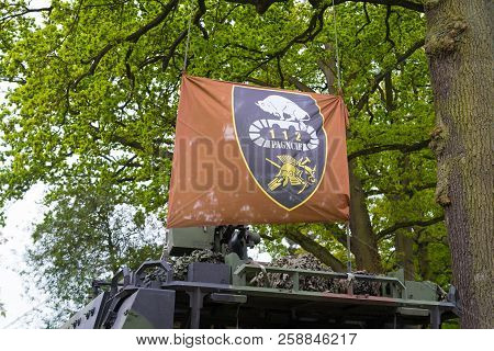Enschede, Netherlands - May 13, 2017: Military Flag Of The 112 Dutch Armor Genius Company During The