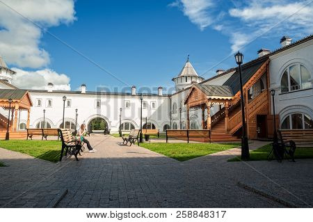Tobolsk, Russia - July 15, 2016: Woman Rests In Interior Of Guest Yard. Building Of Gostiny Dvor Is 