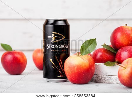 London, Uk - September 13, 2018: Aluminium Can Of Strongbow Original Cider With Fresh Apples On Wood