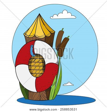 Log And A Life Buoy In The Water. Cartoon Drawing For Gaming Mobile Applications.
