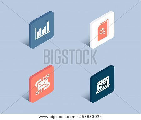 Set Of E-mail, Search Files And Column Chart Icons. Web Analytics Sign. Communication By Letters, Ma