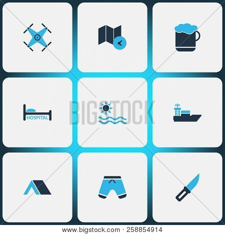 Journey Icons Colored Set With Map With Time, Beer, Quadrupter And Other Tepee Elements. Isolated Ve