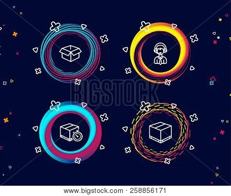 Set Of Delivery Timer, Shipping Support And Opened Box Icons. Delivery Box Sign. Express Logistics, 