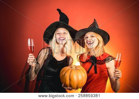 Frightened Friends At A Halloween Party. Best Friends Girls Celebrates Halloween. Happy Brightful Po