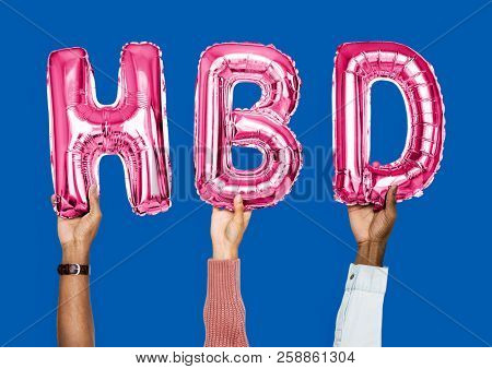 Pink alphabet balloons forming the word HBD