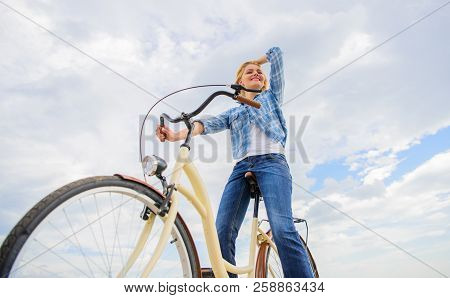 Woman Feels Free While Enjoy Cycling. Most Satisfying Form Of Self Transportation. Cycling Gives You
