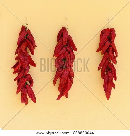 Spanish Culture Of Hanging Peppers To Dry, 
Red And Colorful, Bright Plan Squarer Background To Ad C