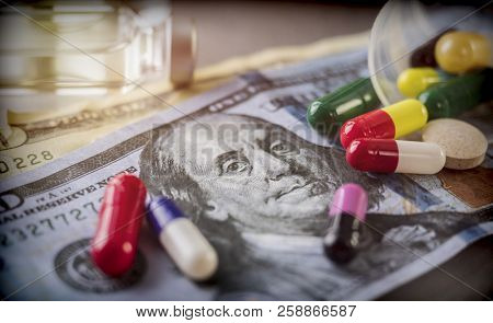 Some Medications On A Ticket Of Dollar, Conceptual Image Copay Health