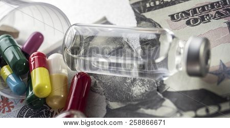Vials With Different Substances Over Dollar, Concept Of Copayment