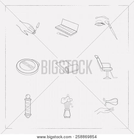 Set Of Beauty Icons Line Style Symbols With Massage Oil, Bronzer, Barber Chair And Other Icons For Y