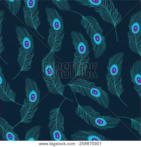 Peacock Feathers On A Black Background. Seamless Pattern. Can Be Used For Fabric.