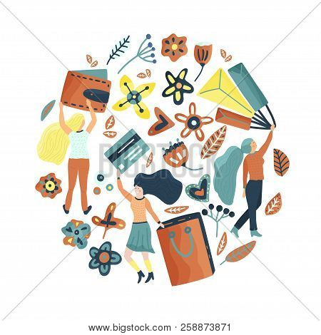 Small Girl Chacacters Enjoy Shopping. Happy Woman Round Vector Consept With Shopping Packages And Fl