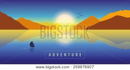 Adventure Autumn Landscape Background With Lonely Sailboat On A Calm Sea And Mountain View At Colorf