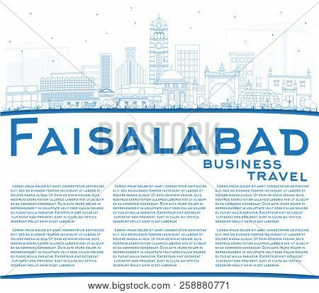 Outline Faisalabad Pakistan City Skyline with Blue Buildings and Copy Space. Business Travel and Tourism Concept with Modern Architecture. Faisalabad Cityscape with Landmarks.
