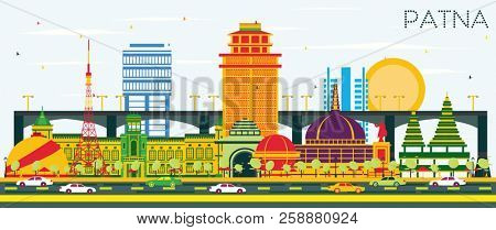 Patna India City Skyline with Color Buildings and Blue Sky. Business Travel and Tourism Concept with Modern Architecture. Patna Cityscape with Landmarks.