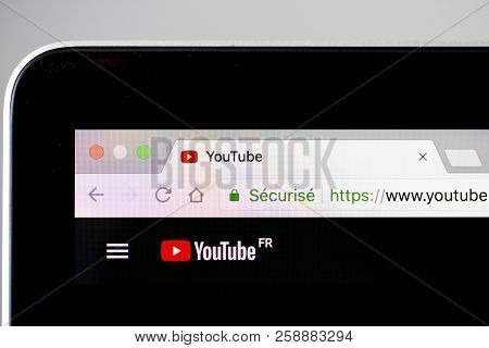 Yainville, France - September 18, 2018. Youtube Home Black Page Sharing Service On Laptop Screen Clo