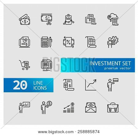 Investment Icons. Set Of  Line Icons. Report, Accounting, Insurance. Finance Concept. Vector Illustr