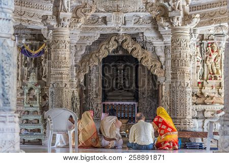 Ranakpur, India - February 2, 2017: People In The Majestic Jainist Temple At Ranakpur, Rajasthan, In