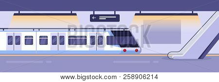 Modern Train On Empty Subway Station. Railway Metro Station Indoor Interior, Vector Illustration. Ci
