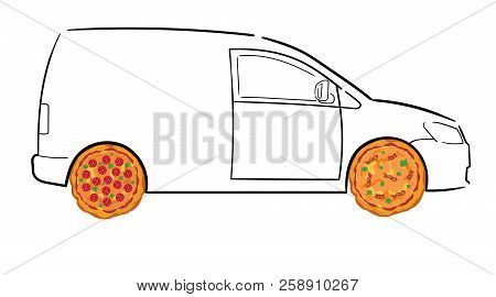 Sketch Doodle Car With Ruddy Pizza( Pepperoni, Bacon, Parsley, Cheese And Tomato Sauce) Wheels. Vect