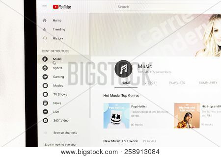Yainville, France - September 18, 2018. Youtube Music Page Sharing Service On Laptop Screen Close-up