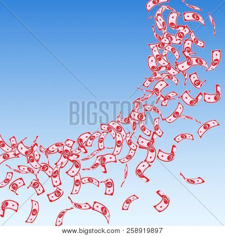 British Pound Notes Falling. Small Gbp Bills On Blue Sky Background. United Kingdom Money. Attractiv