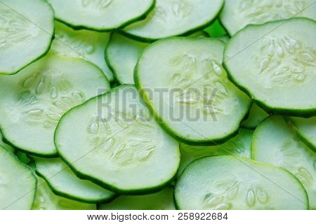 Cucumber Slices Texture Background. Fresh Cucumbers Diet Dish