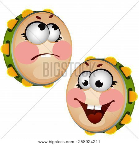 Set Of Funny Laughing Tambourine Isolated On White Background. Vector Cartoon Close-up Illustration.