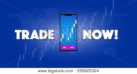 Black Smartphone With A Trend Line Of The Stock Chart Against A Blue Gradient Background With A Map 