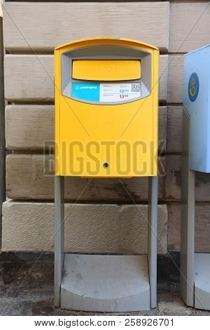 Stockholm, Sweden - August 23, 2018: Postbox In Stockholm, Sweden. Postnord Is The Merged Postal Ser