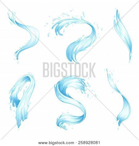 Set Of Water Splashes And Waves. Blue Streams Of Water Of Different Shapes. Vector Illustration