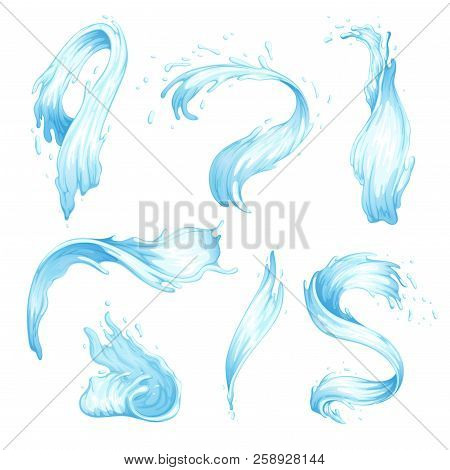 Set Of Water Splashes And Waves. Blue Streams Of Water Of Different Shapes. Vector Illustration