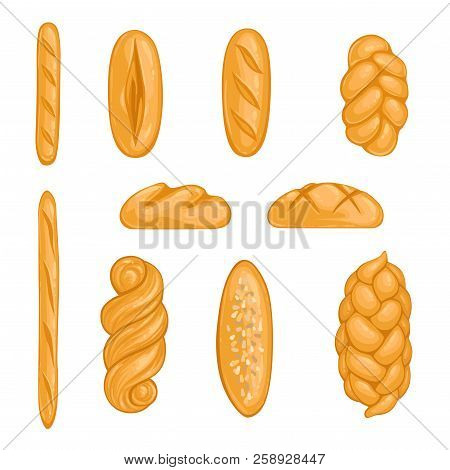 Set Of Bakery Products. Bread, Loaf, Hala, Baguette In Cartoon Style. Vector Illustration