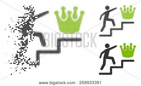 Person Steps To Crown Icon In Dissolved, Pixelated Halftone And Entire Variants. Pieces Are Grouped 