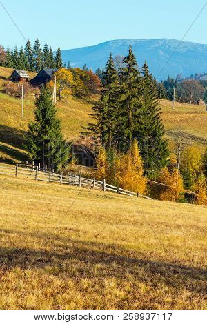 Autumn Morning Carpathian Slope Landscape (yablunytsia Village, Ivano-frankivsk Oblast, Ukraine).