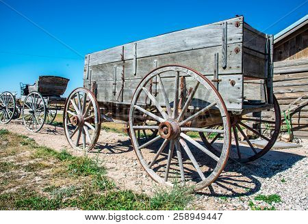 Old Wooden Horse Drawn Wagon Outside Of Cheyenne Wyoming Usa On September 14th 2018 .