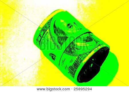 versione pop art di banconote da cento dollari arrotolato e tenuti insieme con un nastro di gomma su un urlo
