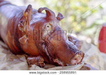 Lechon Or Grilled Pork On Table. Whole Pig Roasted. Spanish Festival Cuisine. Pork Barbecue Closeup 