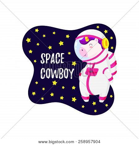 Cute Vector Illustration With Unicorn Astronaut. Template For Design Of T-shirt, Postcard, Banner