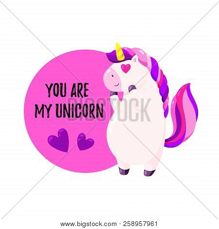 Cute Vector Greeting Card With Unicorn. Template For St. Valentine S Day