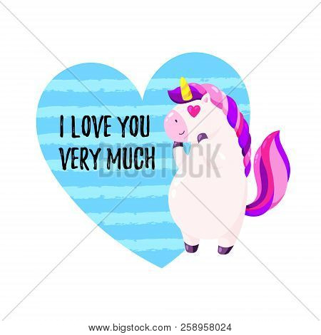 Cute Vector Greeting Card With Unicorn. Template For St. Valentine S Day