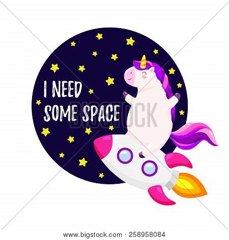 Cute Vector Illustration With Unicorn Astronaut. Template For Design Of T-shirt, Postcard, Banner