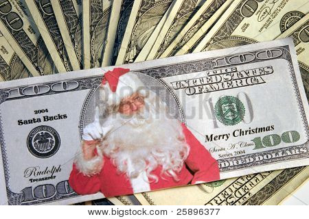 Santa Bucks (Featuring Yours Truly als Santa zichzelf) legt in een stapel geld