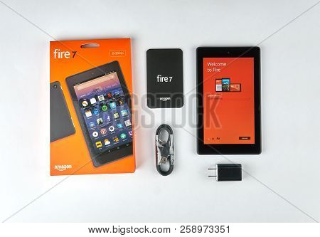 Montreal, Canada - September 8, 2018: Amazon Fire Tablet With Opened Box. The Fire Tablet Is A Table
