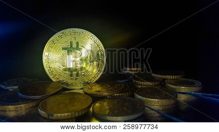 Bitcoin. Physical Bit Coin. Digital Currency. Cryptocurrency. Golden Coin With Bitcoin Symbol. Stock