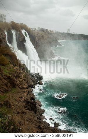 The Duden Waterfall In Antalya. Turkey In Winter
