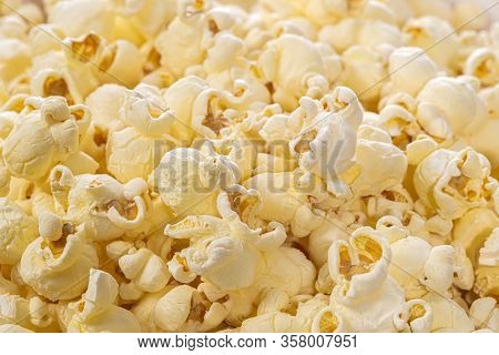 Horizontal Close-up Shot Of Delicious Popcorn.  Godd Background.  Copy Space.