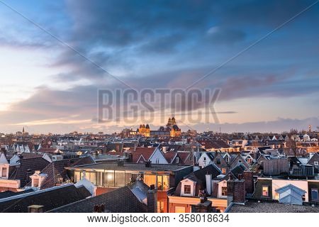 Amsterdam; Netherlands view of the cityscape from De Pijp at dusk.